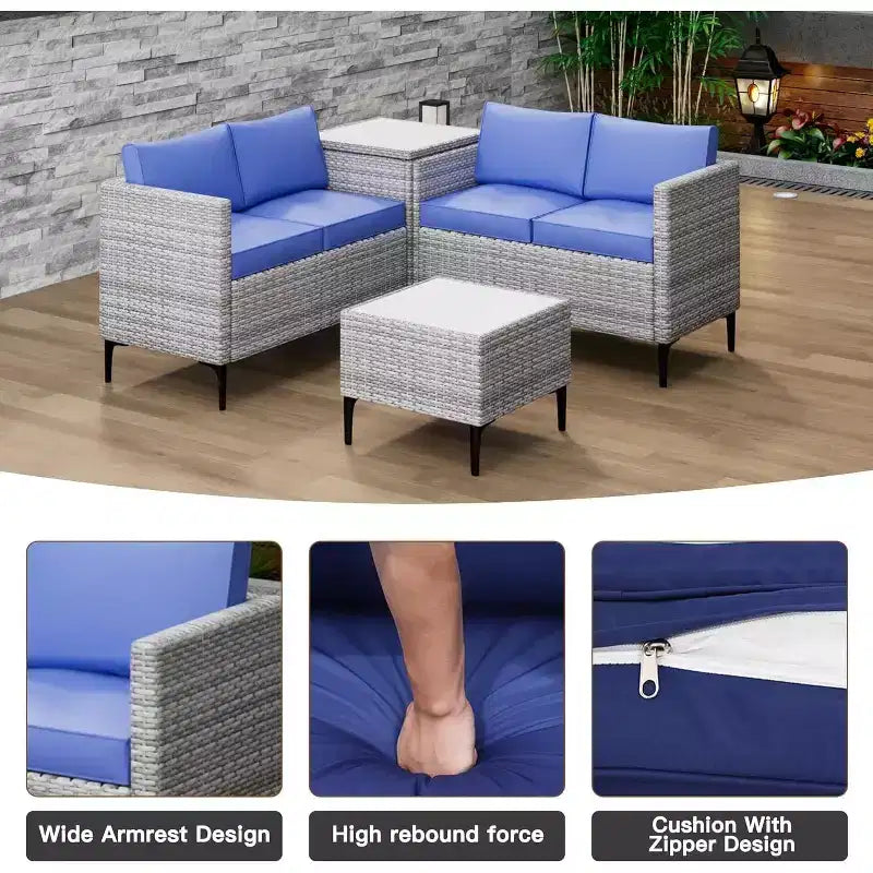 4 Pieces Patio Sectional Furniture PE Rattan loveseat Sofa Set, Wicker Outdoor Conversation Couch Sets with Coffee Table & Storage