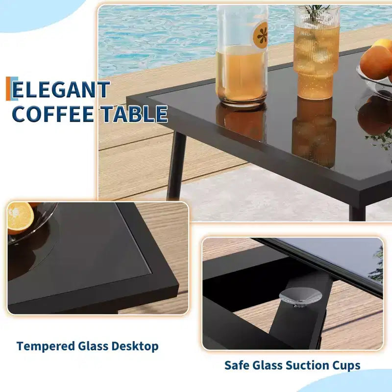 Set da esterni da 4 pezzi con tessuto in Textilene e tavolo in vetro temperato. Mobili da conversazione per tutte le stagioni per giardino, piscina, balcone