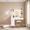 White Makeup Vanity Desk Set with Mirror & Power Outlet -Vanity Table with Storage Shelves, Drawers, Charging Ports & Stool