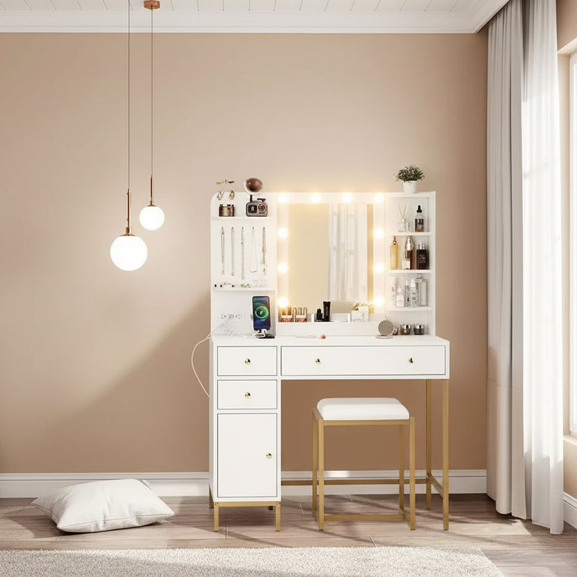 White Makeup Vanity Desk Set with Mirror & Power Outlet -Vanity Table with Storage Shelves, Drawers, Charging Ports & Stool