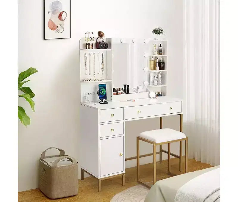 Toeletta Bianca con Specchio LED e Contenitori