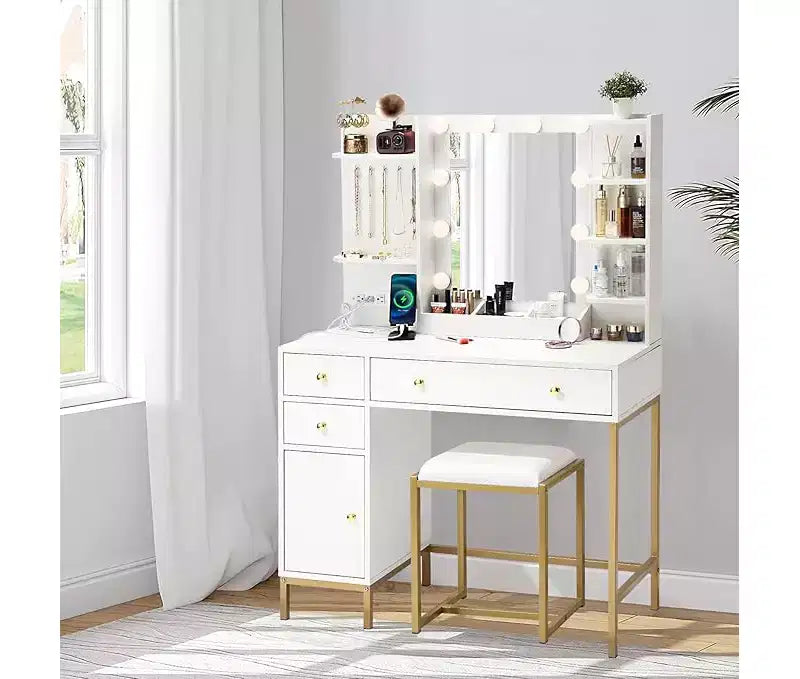 Toeletta Bianca con Specchio LED e Contenitori