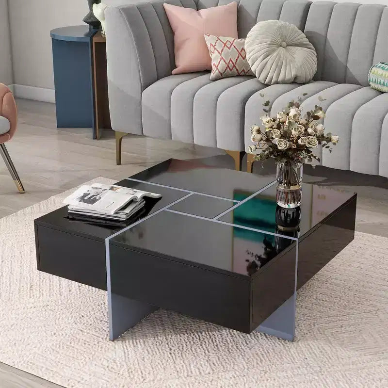 31.5in Square Coffee Table with 4 Hidden Storage Compartments, Cocktail Table with Extendable Sliding Tabletop, Center Table for Living Room