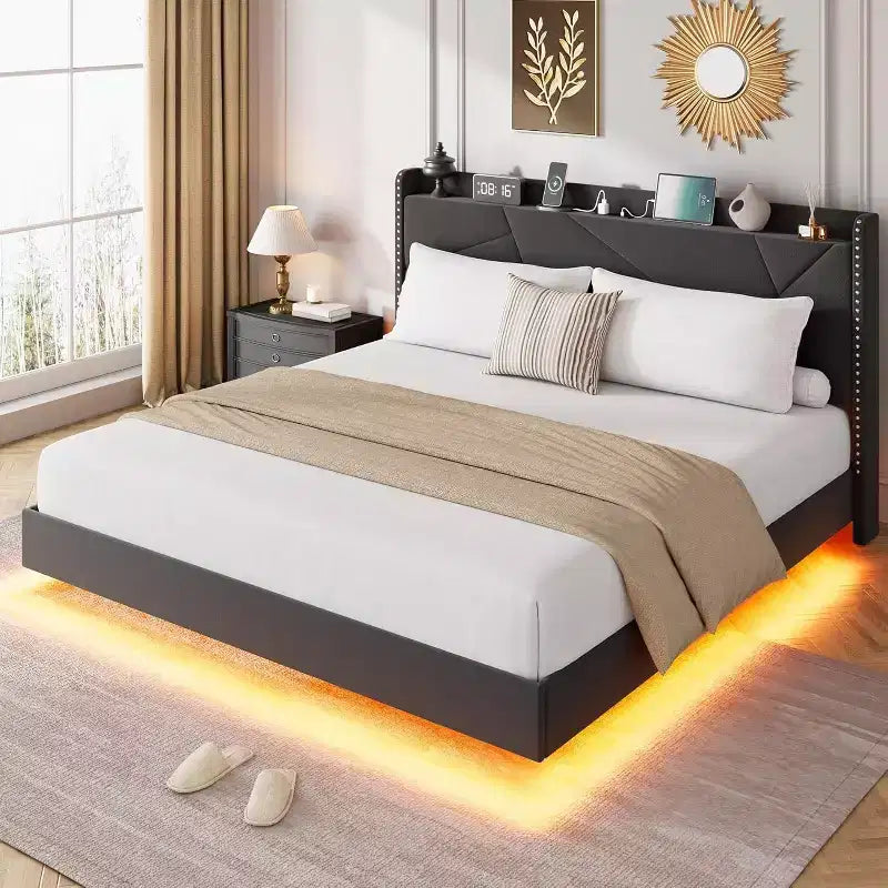 Struttura letto flottante con testiera contenitore, luci a LED e ricarica USB – Completo/Queen/King