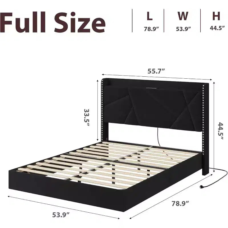 Struttura letto flottante con testiera contenitore, luci a LED e ricarica USB – Completo/Queen/King