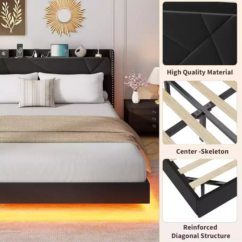 Struttura letto flottante con testiera contenitore, luci a LED e ricarica USB – Completo/Queen/King