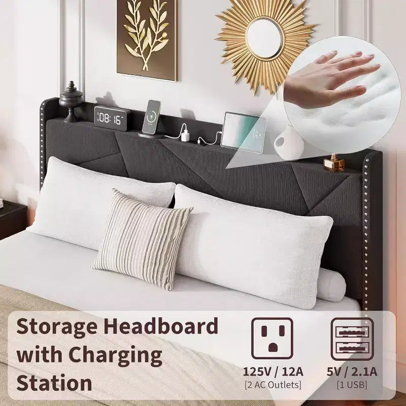 Struttura letto flottante con testiera contenitore, luci a LED e ricarica USB – Completo/Queen/King