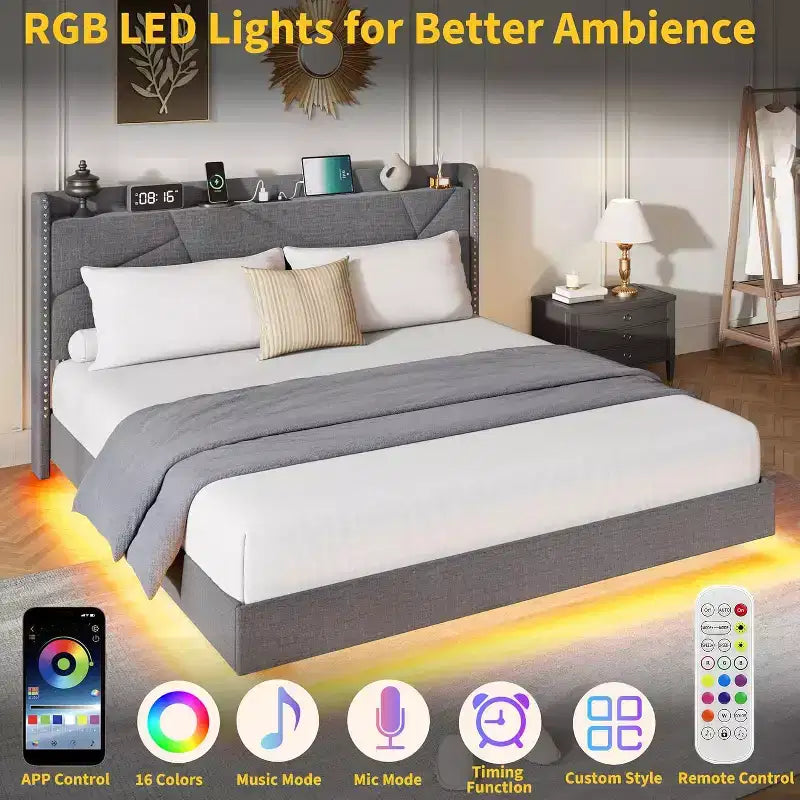 Struttura letto flottante con testiera contenitore, luci a LED e ricarica USB – Completo/Queen/King