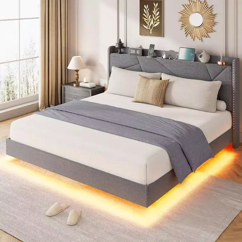 Struttura letto flottante con testiera contenitore, luci a LED e ricarica USB – Completo/Queen/King