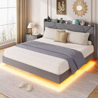 Struttura letto flottante con testiera contenitore, luci a LED e ricarica USB – Completo/Queen/King