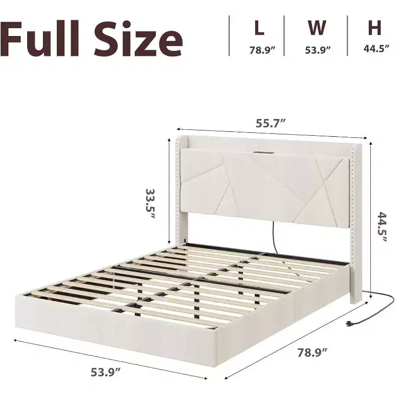 Struttura letto flottante con testiera contenitore, luci a LED e ricarica USB – Completo/Queen/King