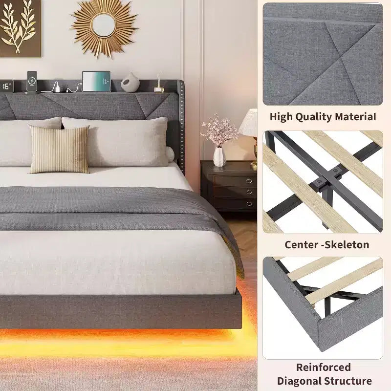 Struttura letto flottante con testiera contenitore, luci a LED e ricarica USB – Completo/Queen/King