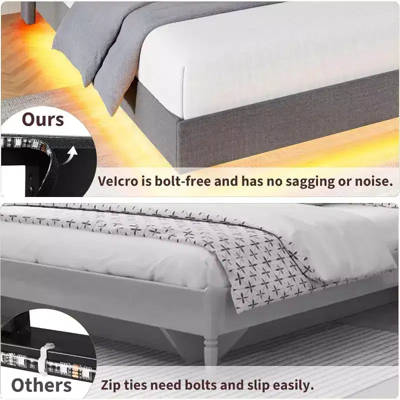 Struttura letto flottante con testiera contenitore, luci a LED e ricarica USB – Completo/Queen/King