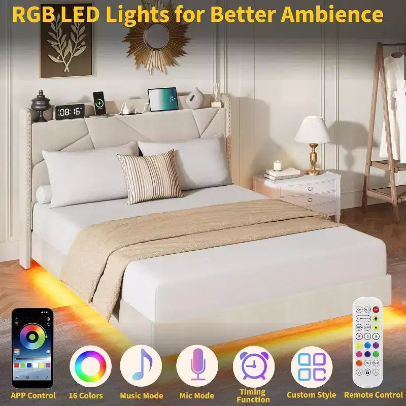 Struttura letto flottante con testiera contenitore, luci a LED e ricarica USB – Completo/Queen/King