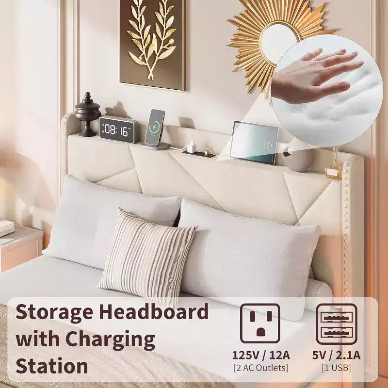 Struttura letto flottante con testiera contenitore, luci a LED e ricarica USB – Completo/Queen/King