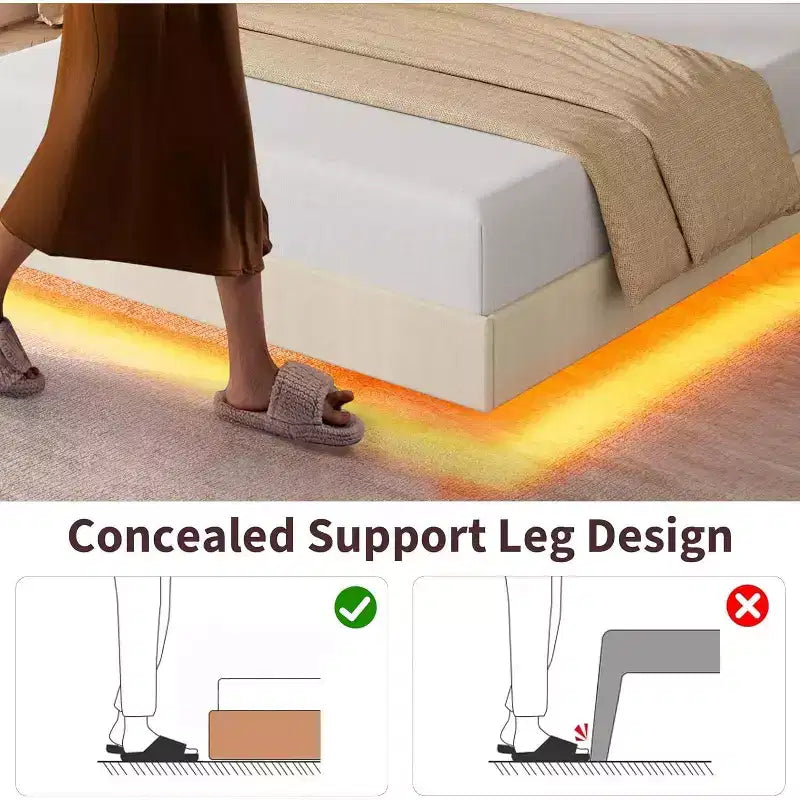 Struttura letto flottante con testiera contenitore, luci a LED e ricarica USB – Completo/Queen/King