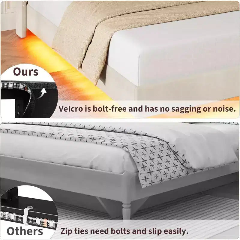 Struttura letto flottante con testiera contenitore, luci a LED e ricarica USB – Completo/Queen/King