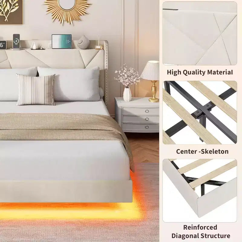 Struttura letto flottante con testiera contenitore, luci a LED e ricarica USB – Completo/Queen/King