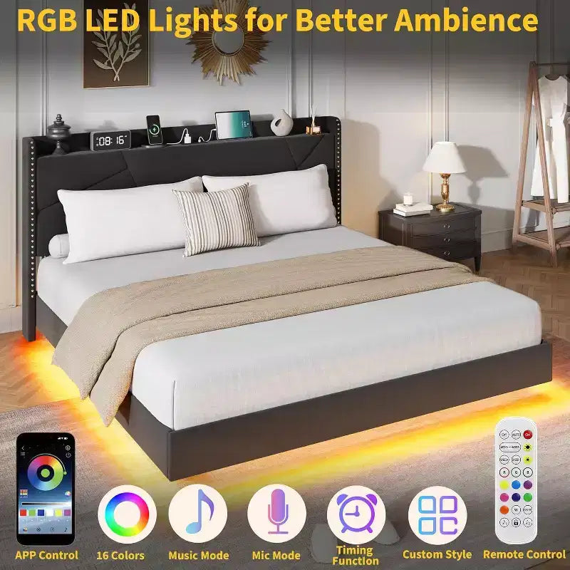 Struttura letto flottante con testiera contenitore, luci a LED e ricarica USB – Completo/Queen/King