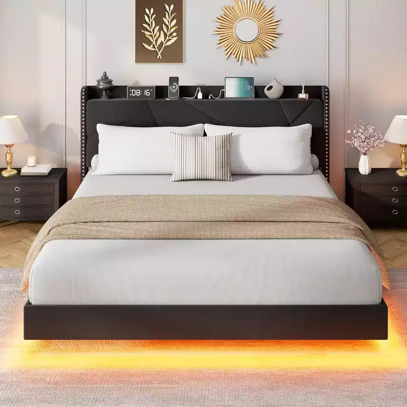 Struttura letto flottante con testiera contenitore, luci a LED e ricarica USB – Completo/Queen/King
