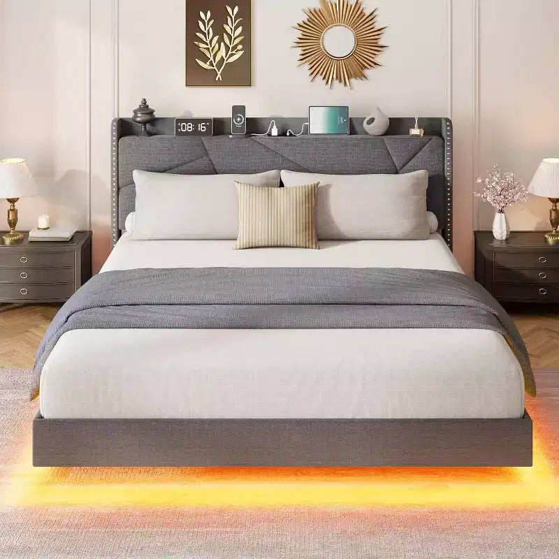 Struttura letto flottante con testiera contenitore, luci a LED e ricarica USB – Completo/Queen/King