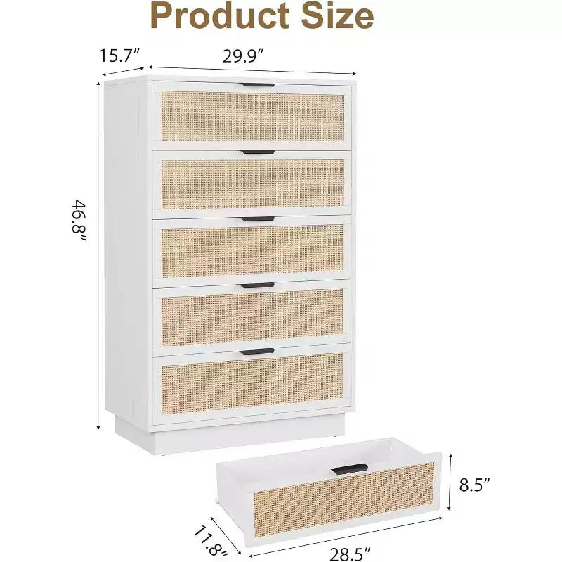 Cassettiera a 5 cassetti in rattan con struttura in legno