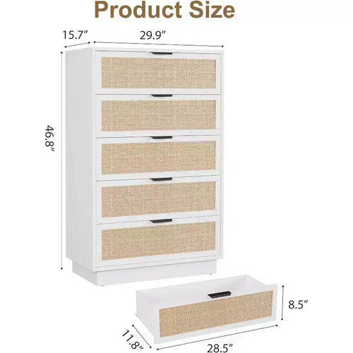 Cassettiera a 5 cassetti in rattan con struttura in legno