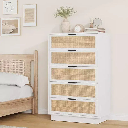 5 Drawer Rattan Dresser for Bedroom, Integrated Cabinet Body & Legs Design, Wooden Chest of Drawers for Hallways, Entryways and Closet, Easy Assembly