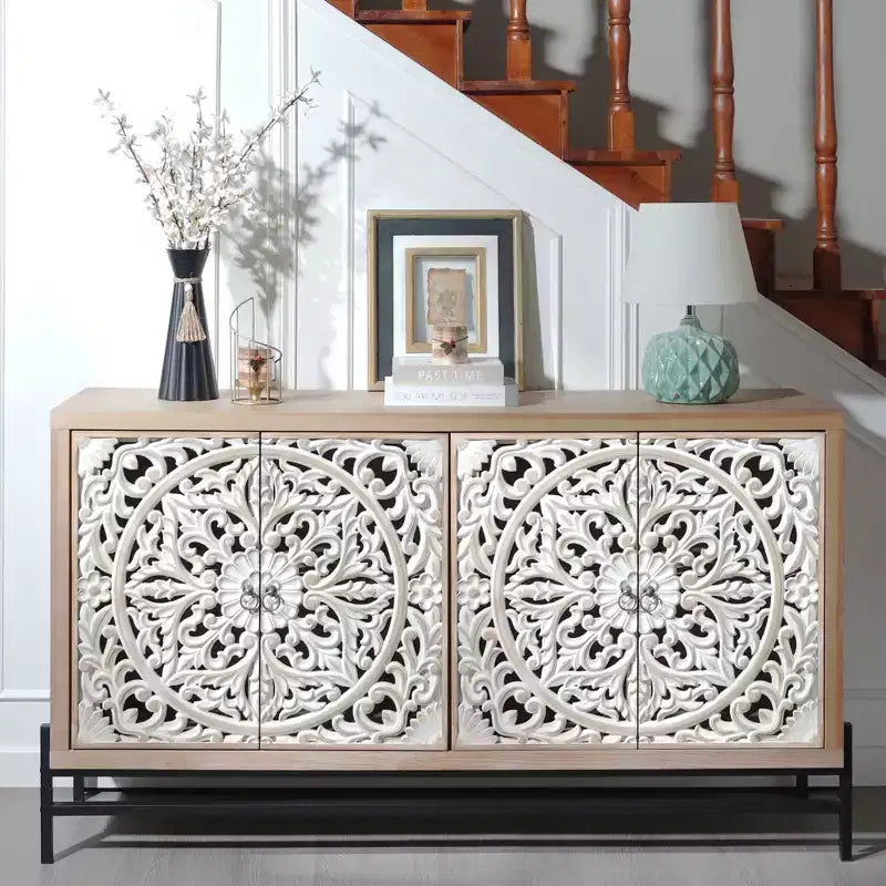 GDFStudio Eni Vintage 59'' Storage Cabinet with 4 Carved Wood Doors and 2 Shelves