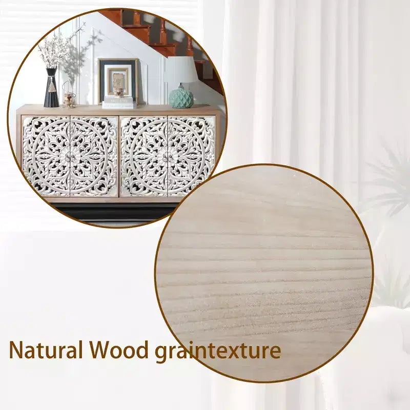Mobile contenitore vintage da 59'' con 4 ante in legno intagliato e 2 ripiani