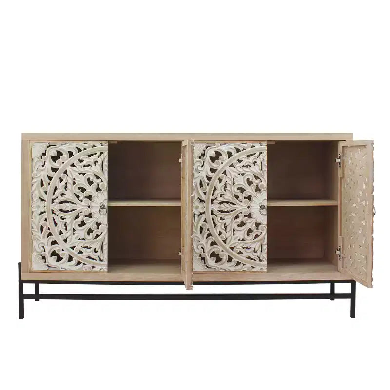 Mobile contenitore vintage da 59'' con 4 ante in legno intagliato e 2 ripiani