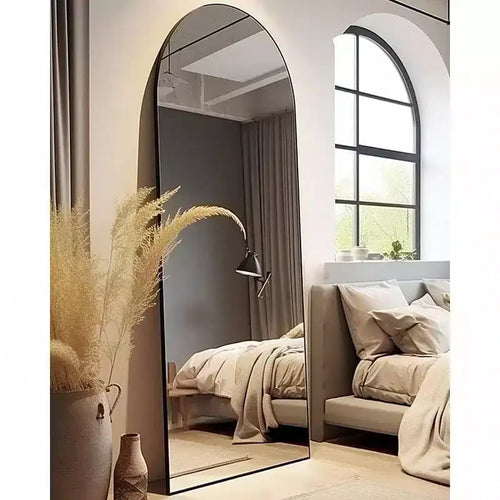 Black Arched Full Length Mirror, 58x18 with Aluminum Frame. Use as a Standing or Wall Mounted Floor Mirror