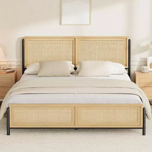 Acekool Boho Rattan Bed Frame Natural Wood Platform with Headboard Storage for Bedroom