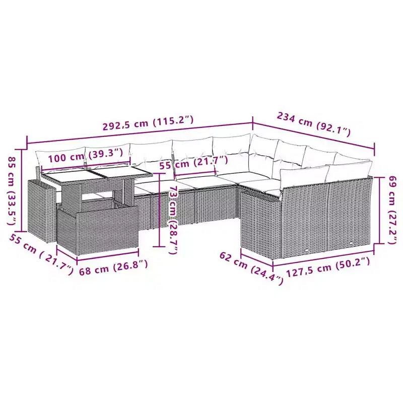 vidaXL Set Divani da Giardino con Cuscini e Tavolo Esterno 10 pz in Polyrattan