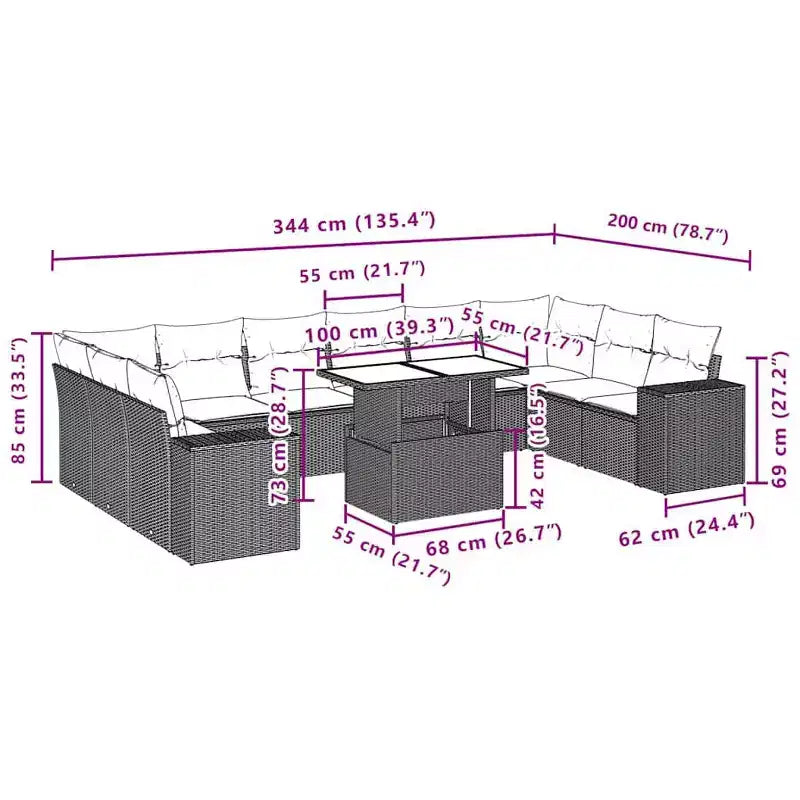 vidaXL Set Divani da Giardino con Cuscini Tavolo e Divani 11 pz in Polyrattan