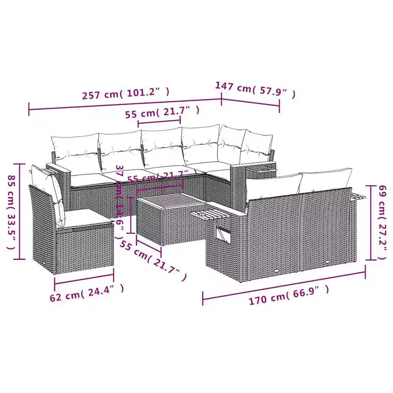 vidaXL 9 Piece Patio Sofa Set with Cushions Grey Poly Rattan (US only)
