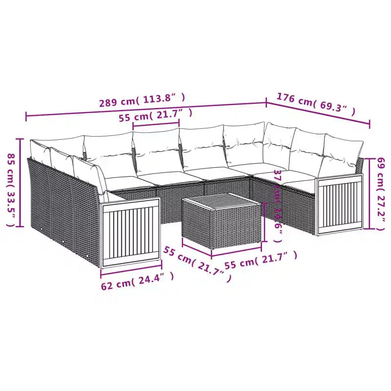 vidaXL Set Divani da Esterno 10 pz con Cuscini in Polyrattan Nero