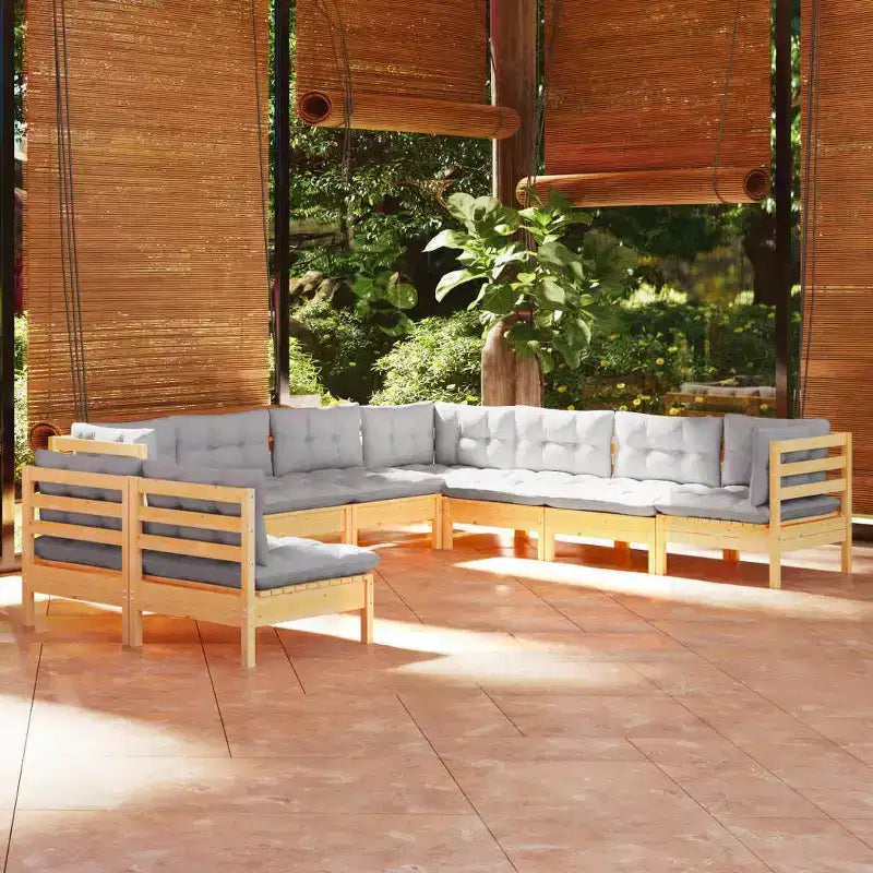 vidaXL Salottino da Giardino 9 pz in Massello di Pino con Cuscini Colori Vari - Marrone e Grigio