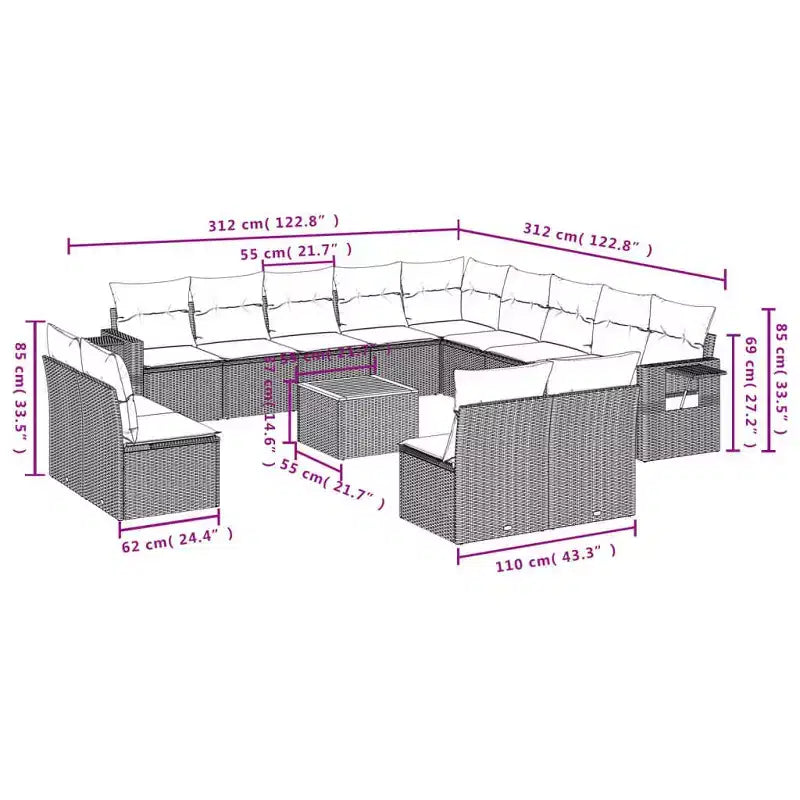 vidaXL Set Divani da Giardino 14 pz con Cuscini in Polyrattan Nero