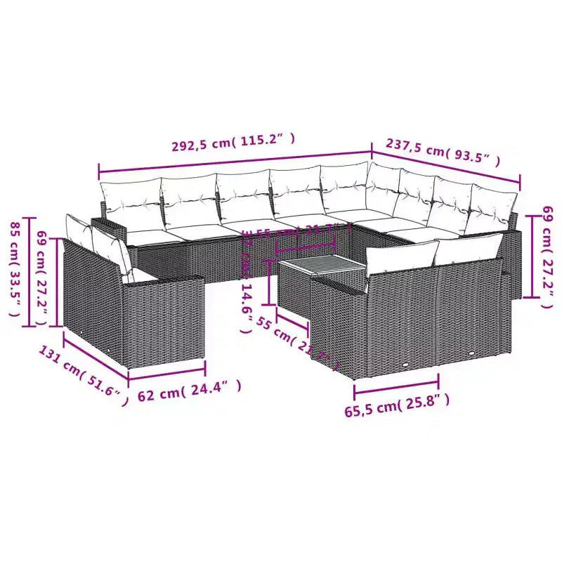 vidaXL Salotto da Giardino a 13 Pezzi con Cuscini Grigio Polyrattan
