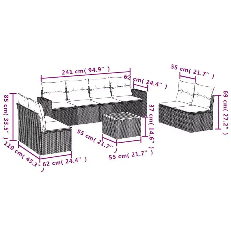 vidaXL Set Divani da Giardino 9 pz con Cuscini in Polyrattan Nero
