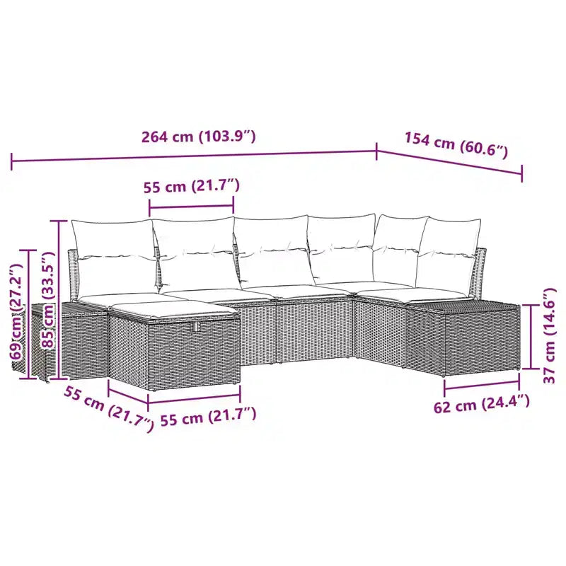 vidaXL Set divani da giardino con cuscini 6 pz Marrone Polirattan - Marrone senza tavolo Rosso