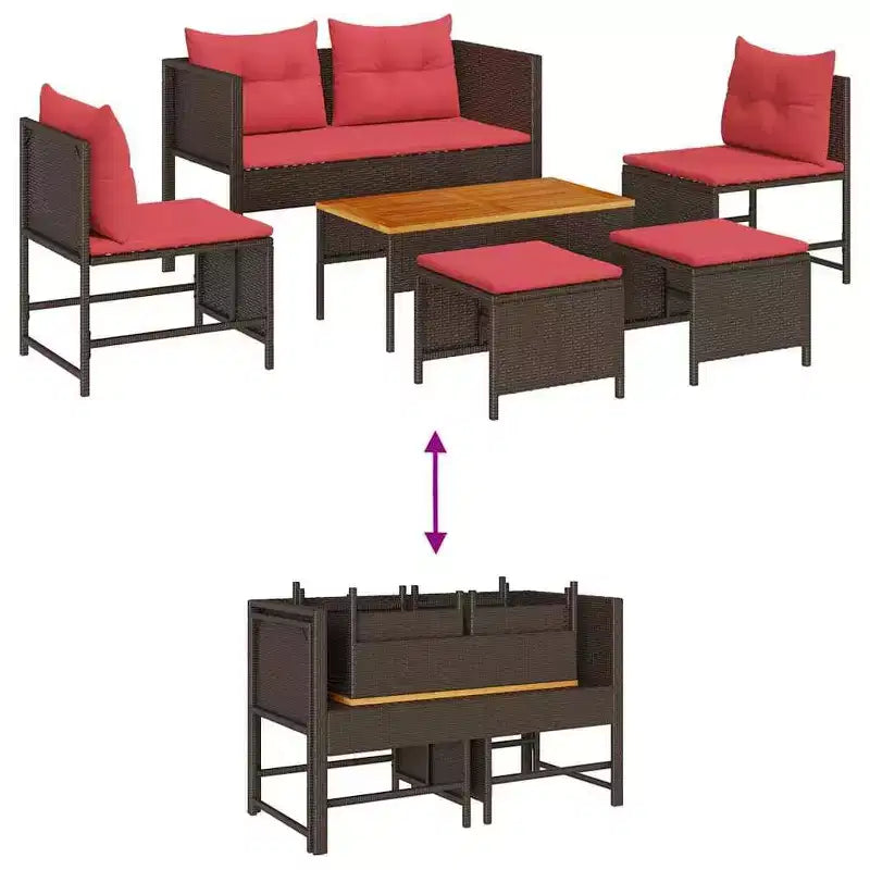 vidaXL Set divani da giardino 6 pz in polyrattan marrone e rosso