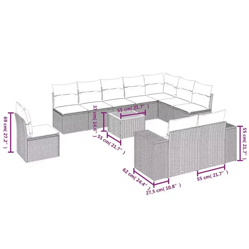 vidaXL Set Divani da Giardino 11 pz con Cuscini in Poly Rattan
