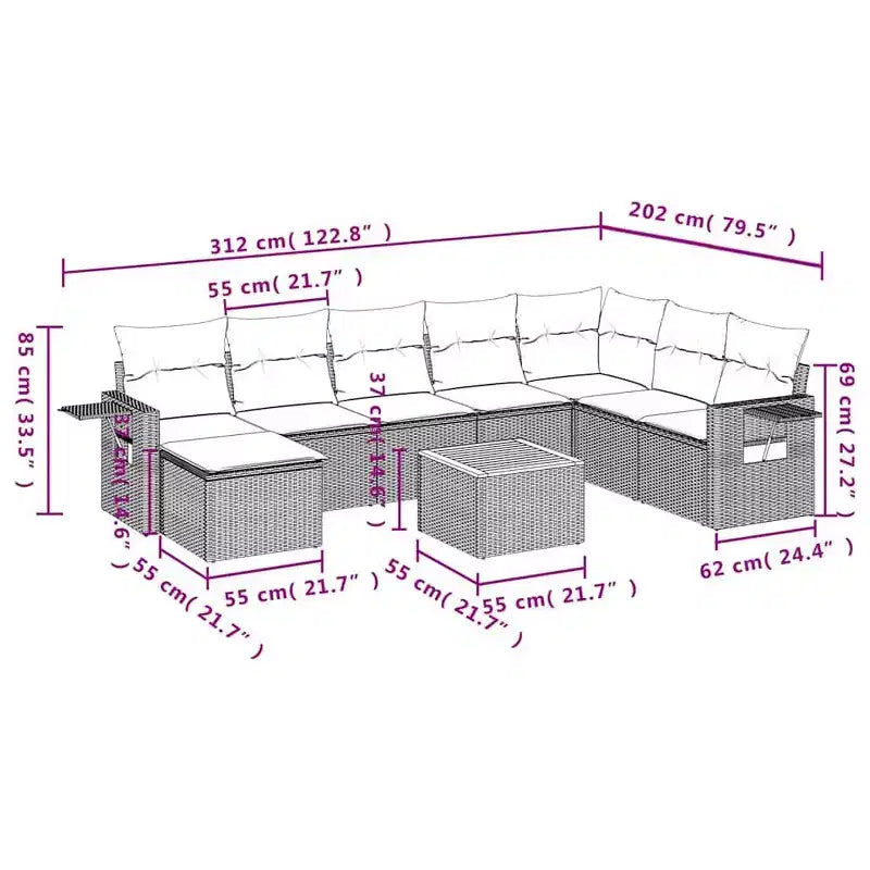 vidaXL Salotto da Giardino 9 pz con Cuscini Grigio Polyrattan