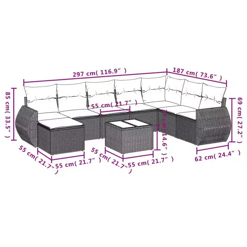 vidaXL Set Divani da Giardino 9 pz con Cuscini in Polyrattan Marrone