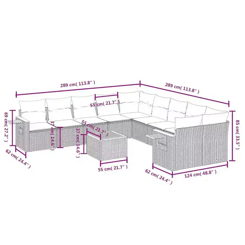 vidaXL Set divani da esterno a 11 pezzi con cuscini, in polyrattan grigio (solo per USA)