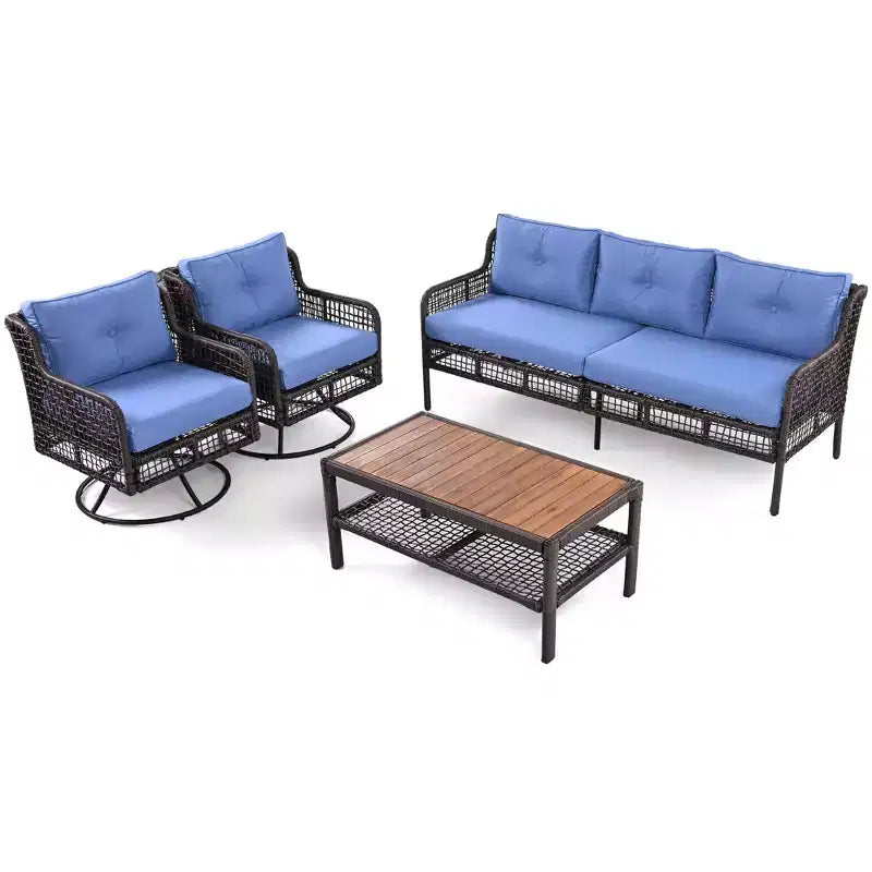 4-Piece Outdoor Wicker Patio Set with Swivel Chairs, Rattan Sectional Sofa for 5-Person, Poolside Backyard Deck Conversation Set Blue