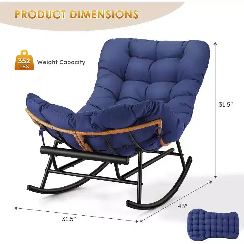COZONY Set di 2 poltrone Papasan a dondolo, oversize con poggiapiedi, cuscino spesso rimovibile, struttura in metallo, rattan PE, per patio, portico, giardino, soggiorno