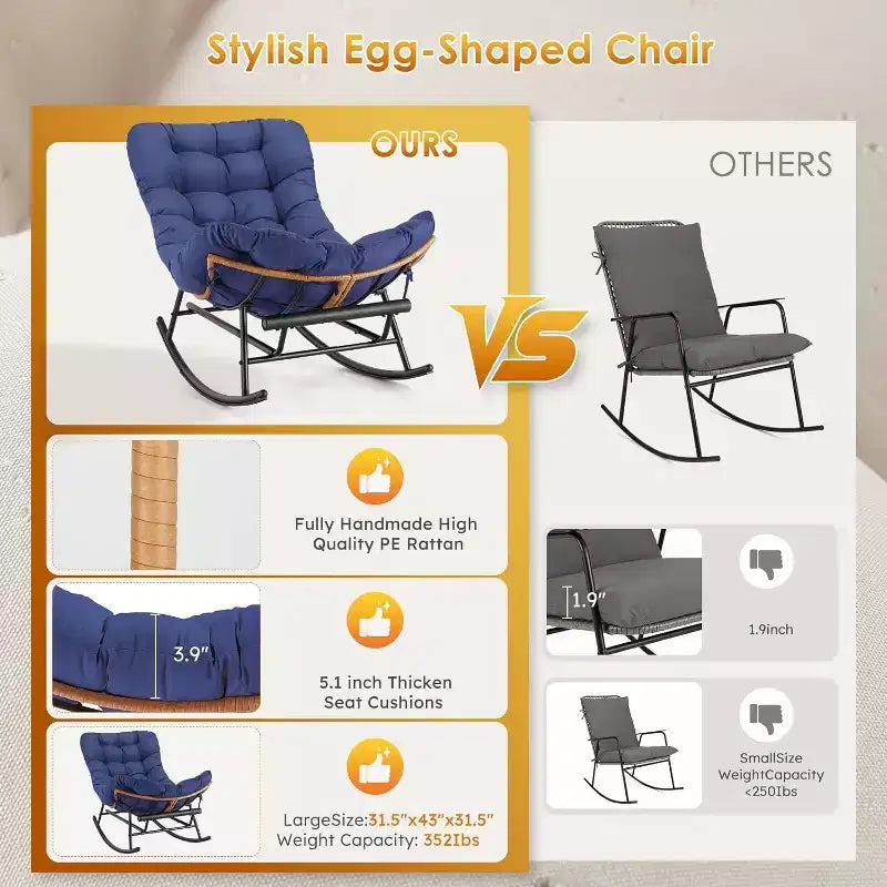 COZONY Set di 2 poltrone Papasan a dondolo, oversize con poggiapiedi, cuscino spesso rimovibile, struttura in metallo, rattan PE, per patio, portico, giardino, soggiorno